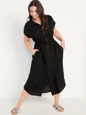 Gauze Black Midi Dress with Belt